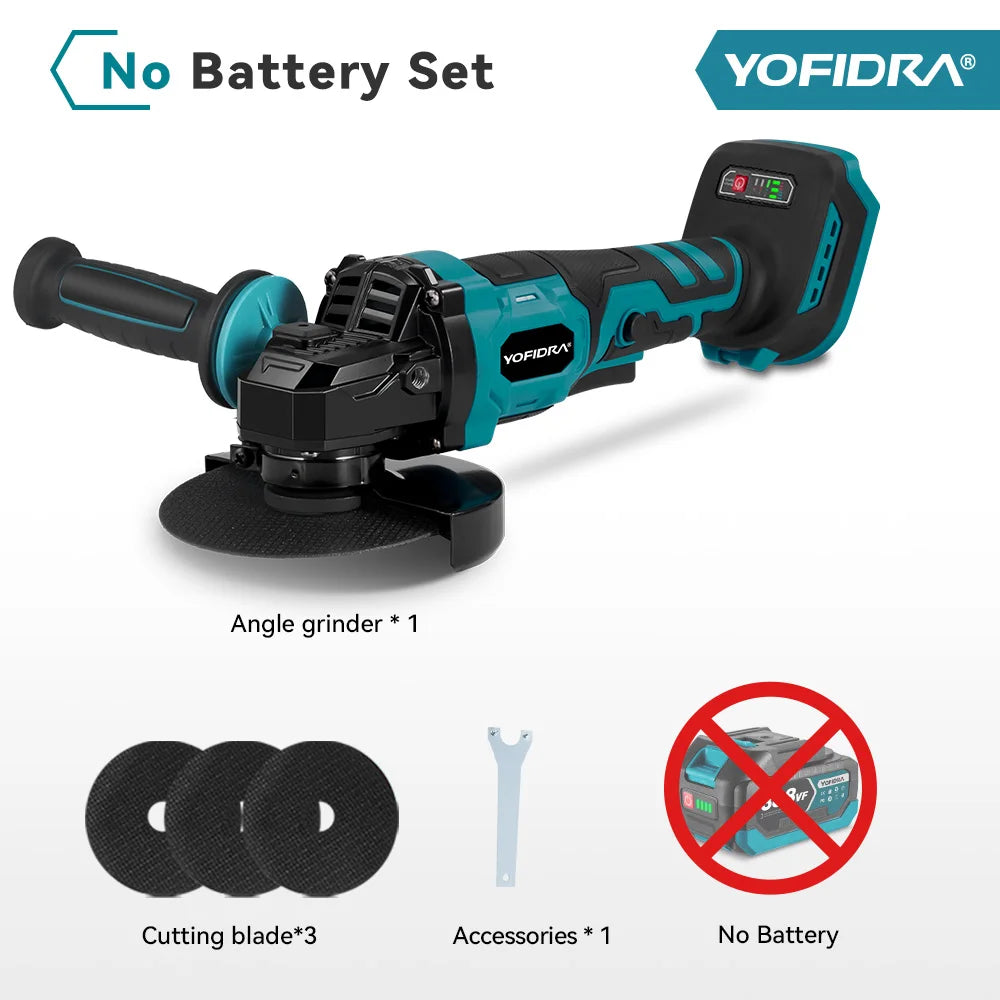 YOFIDRA 2in1 125mm Electric Brushless Angle Grinder 3Gears Woodworking Polisher Cutter Machine Power Tool For Makita Battery Pin