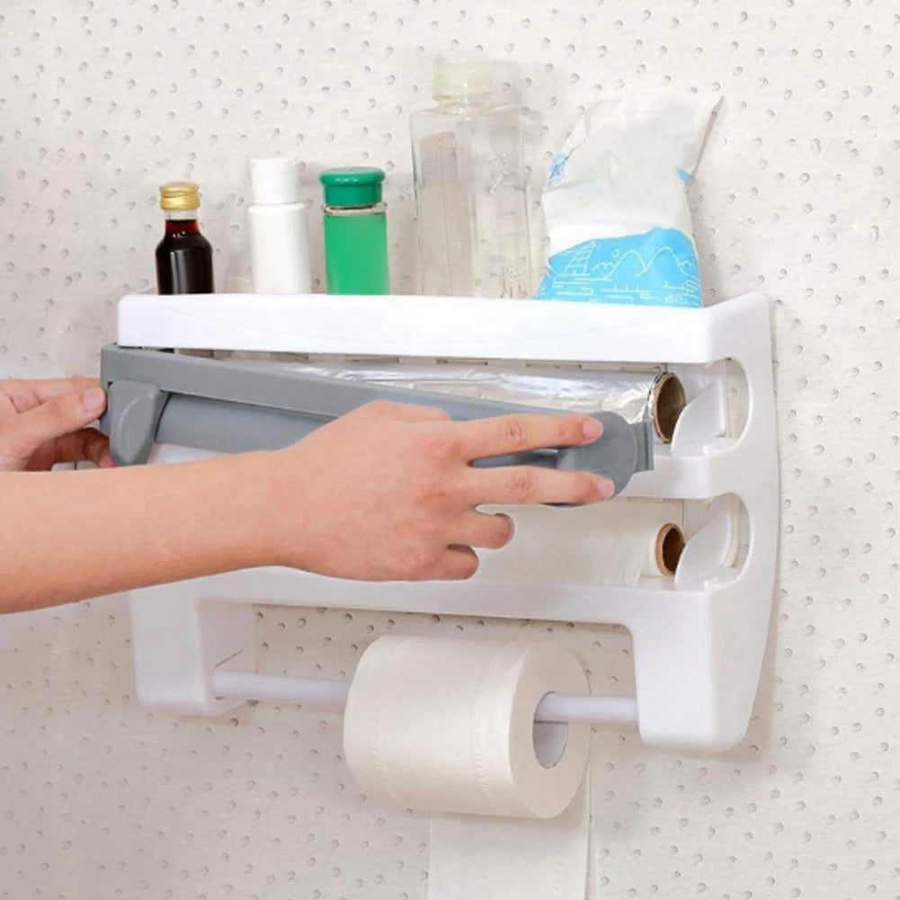 ABS Material Wall Mounted Kitchen Cling Film Dispenser with Cutter, Cling Film Aluminum Foil Roll Holder Paper Towel Holder Grey