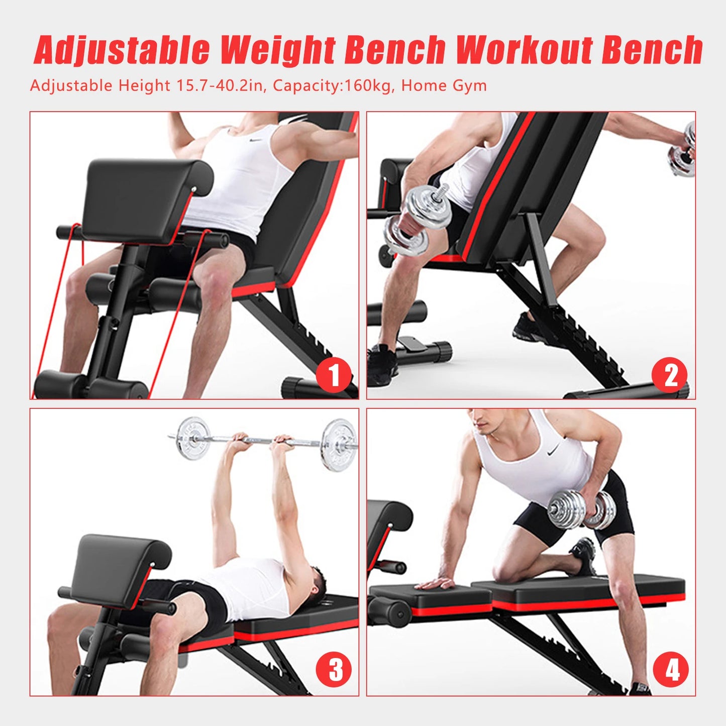 Adjustable Weight Bench, Utility Weight Bench, Home Exercise Equipment with Cushion Drawstring Support Bar for Full Body Workout