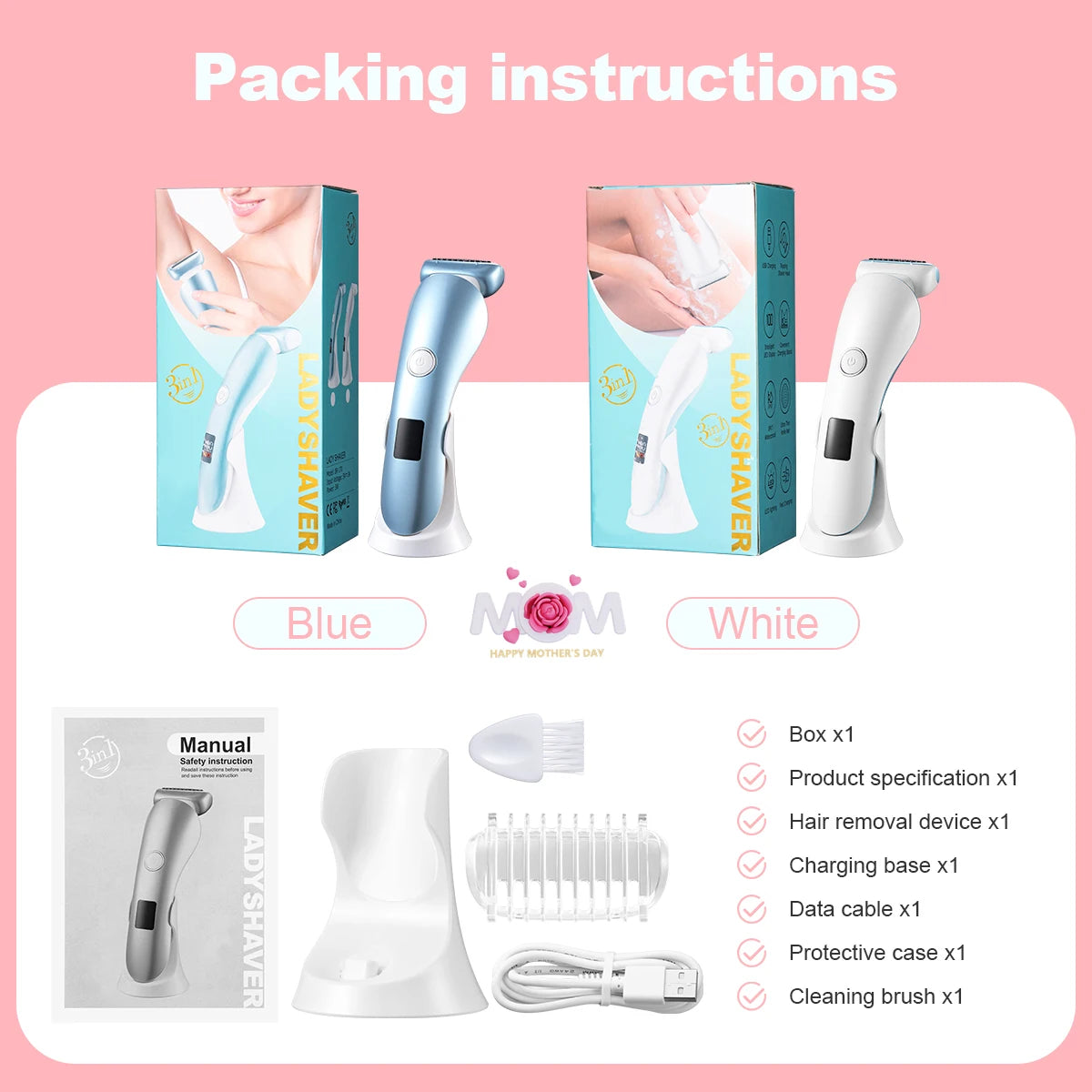 5-in-1 Women's Electric Shaver - Wet and Dry Removal of Face, Eyebrows, Legs and Armpits - Portable Bikini Trimmer, Rechargeable USB Charging, Stainless Steel Blade, Gentle and Effective Shaving, Pink Gift Box Includes, Bikin