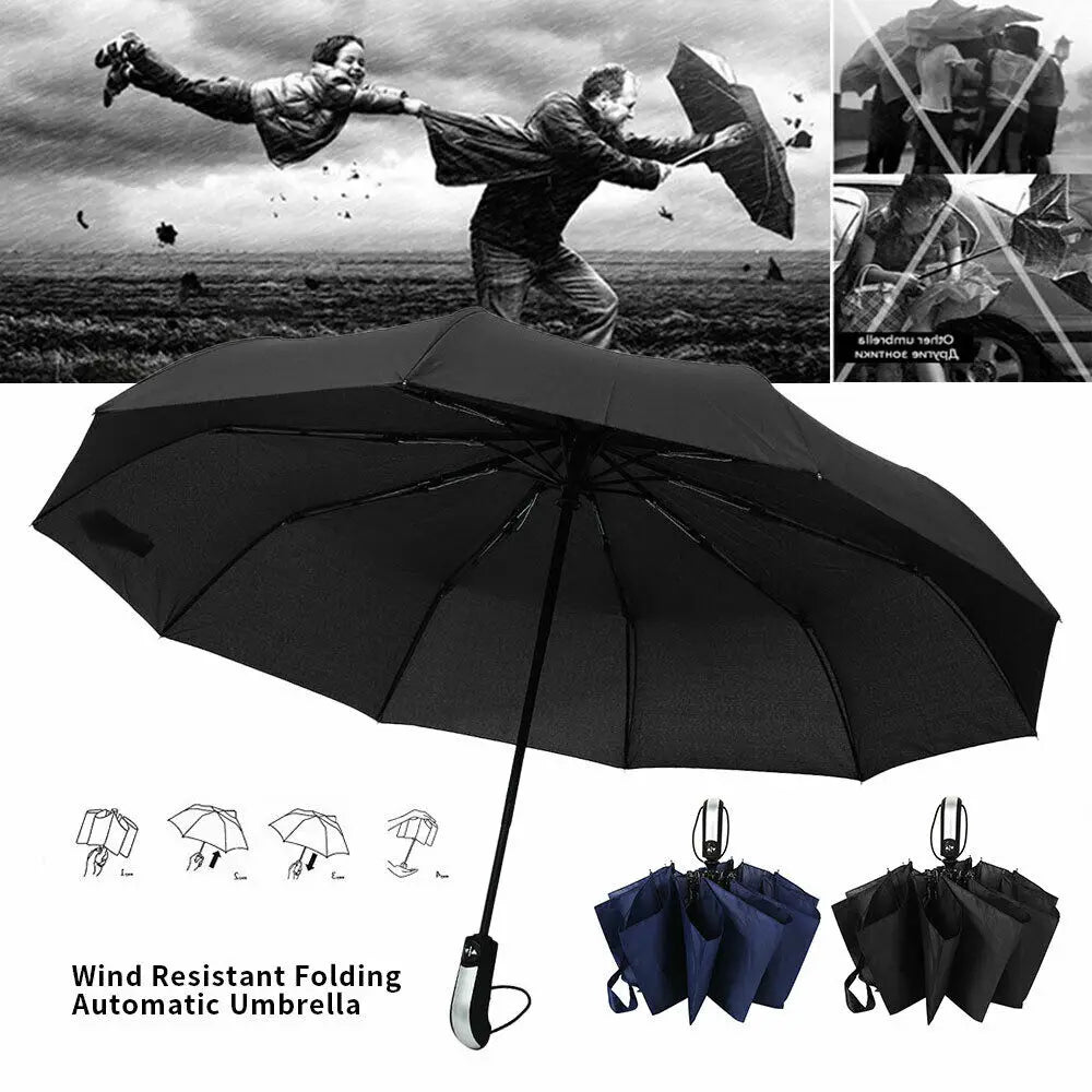 Large 10 Ribs Umbrella Strong Automatic Open & Close Folding Rain Windproof Rainproof and Durable Canopy Design Versatile Travel