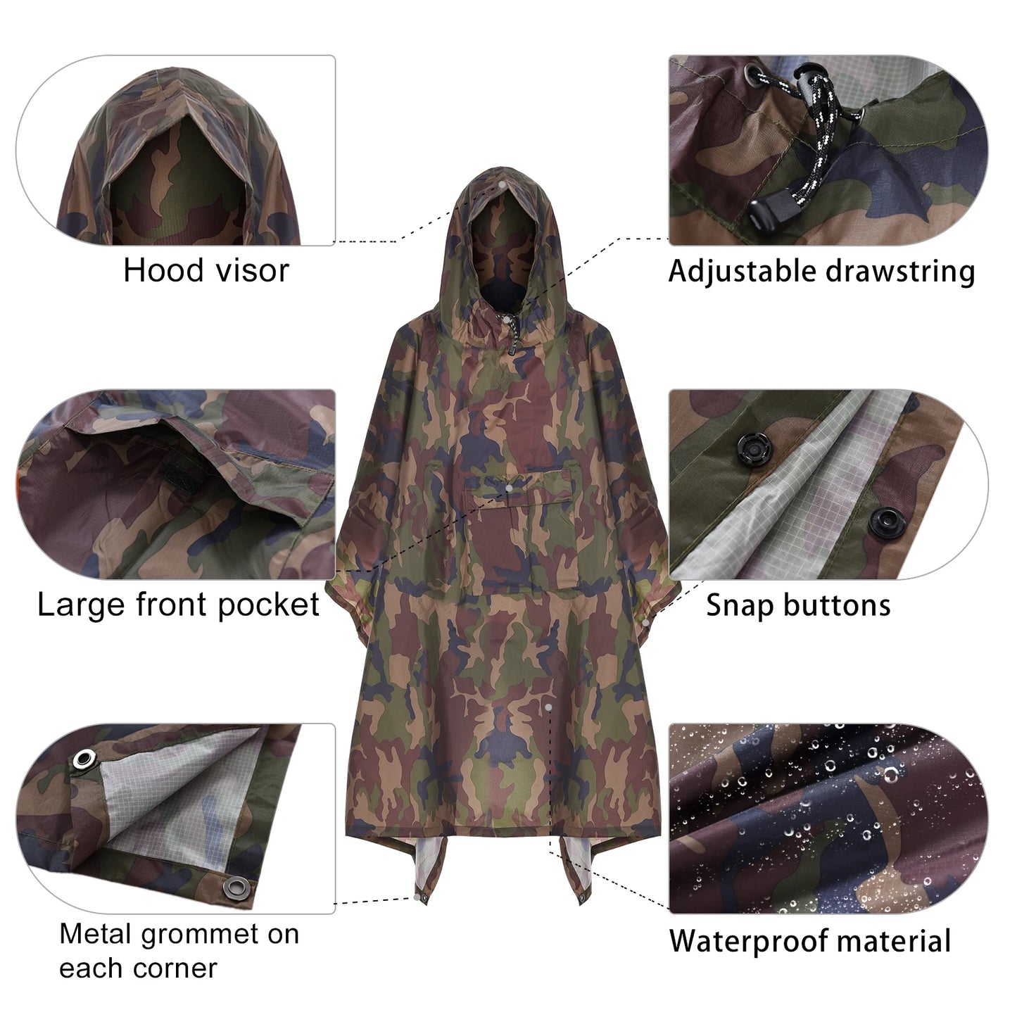 Hooded Lightweight Rain Poncho with Pocket | Waterproof Rain Gear & Sun Shelter for Camping, Hiking & Travel