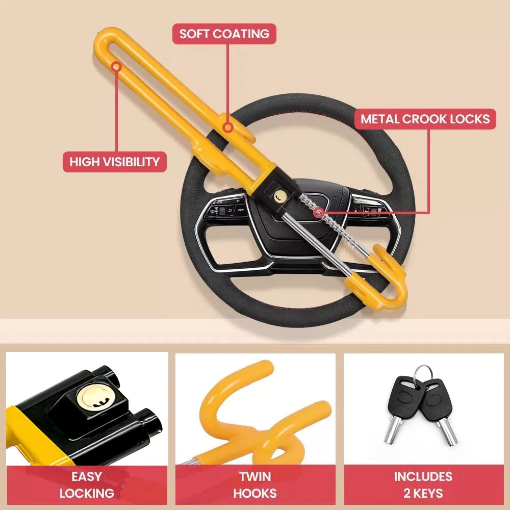 Steering Wheel Lock Anti-Theft Heavy Duty Secure Car Device, Adjustable Length Clamp Double Hook Locks Universal Fit (Yellow)