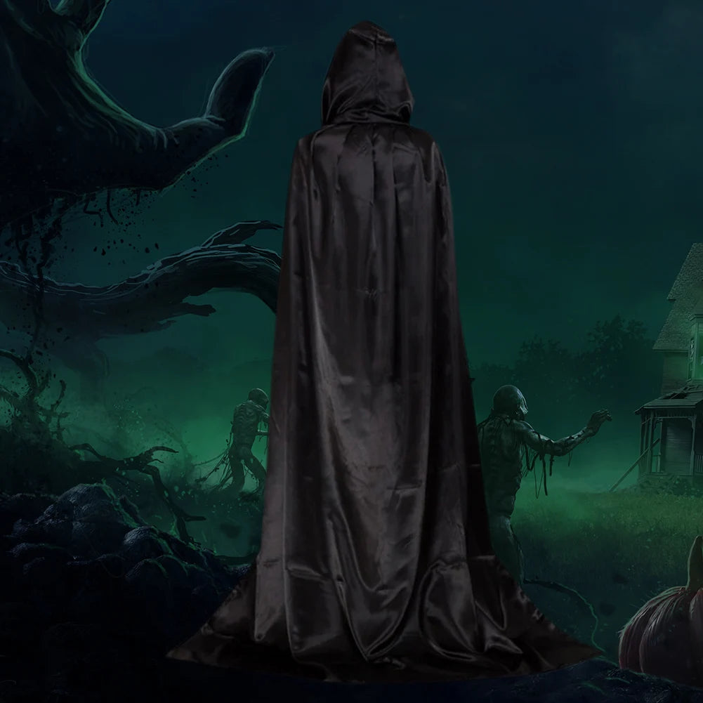 1 Piece of Halloween Cape With 3 Sizes Available It is a Black Grim Reaper Cloak Made of Party Satin Featuring a Stand-up Collar