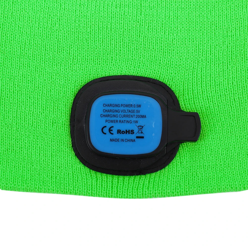 Winter Warm Knit Beanie 8 Hours High Powered Light 4 LED Beanie Hat USB Rechargeable Hands Free Headlamp Cap for Running Hiking