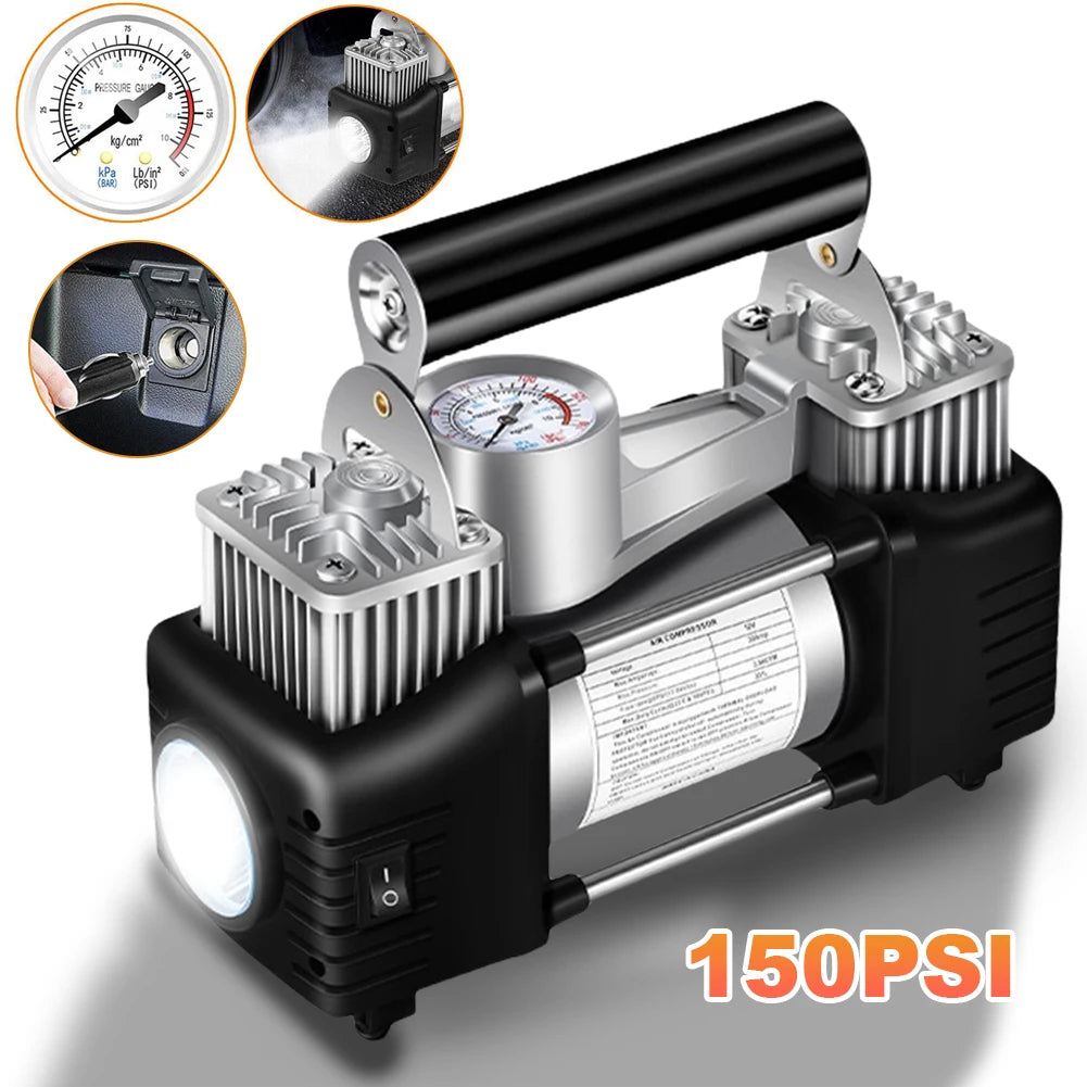 12V Portable Dual Cylinder Air Pump 150PSI Electric Car Tyre Inflator Automotive Inflation Pump Portable Dual Purpose Air Pump