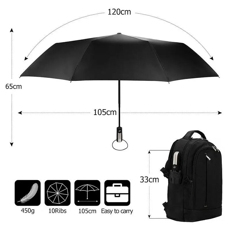10 Ribs Strong Automatic Umbrella Auto Open Close Travel Compact Windproof Folding Umbrella Black
