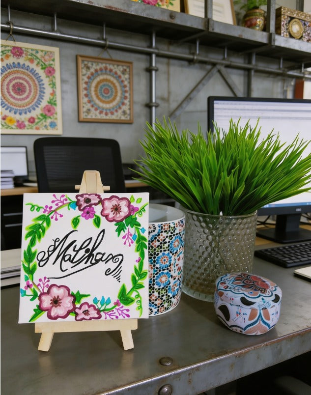 Personalised Mini Canvas Art 10x10cm with Easel | Custom Name, Birthday, Quote Gift | Handmade Canvas Painting | Islamic Calligraphy Gift | Art Bloom UK