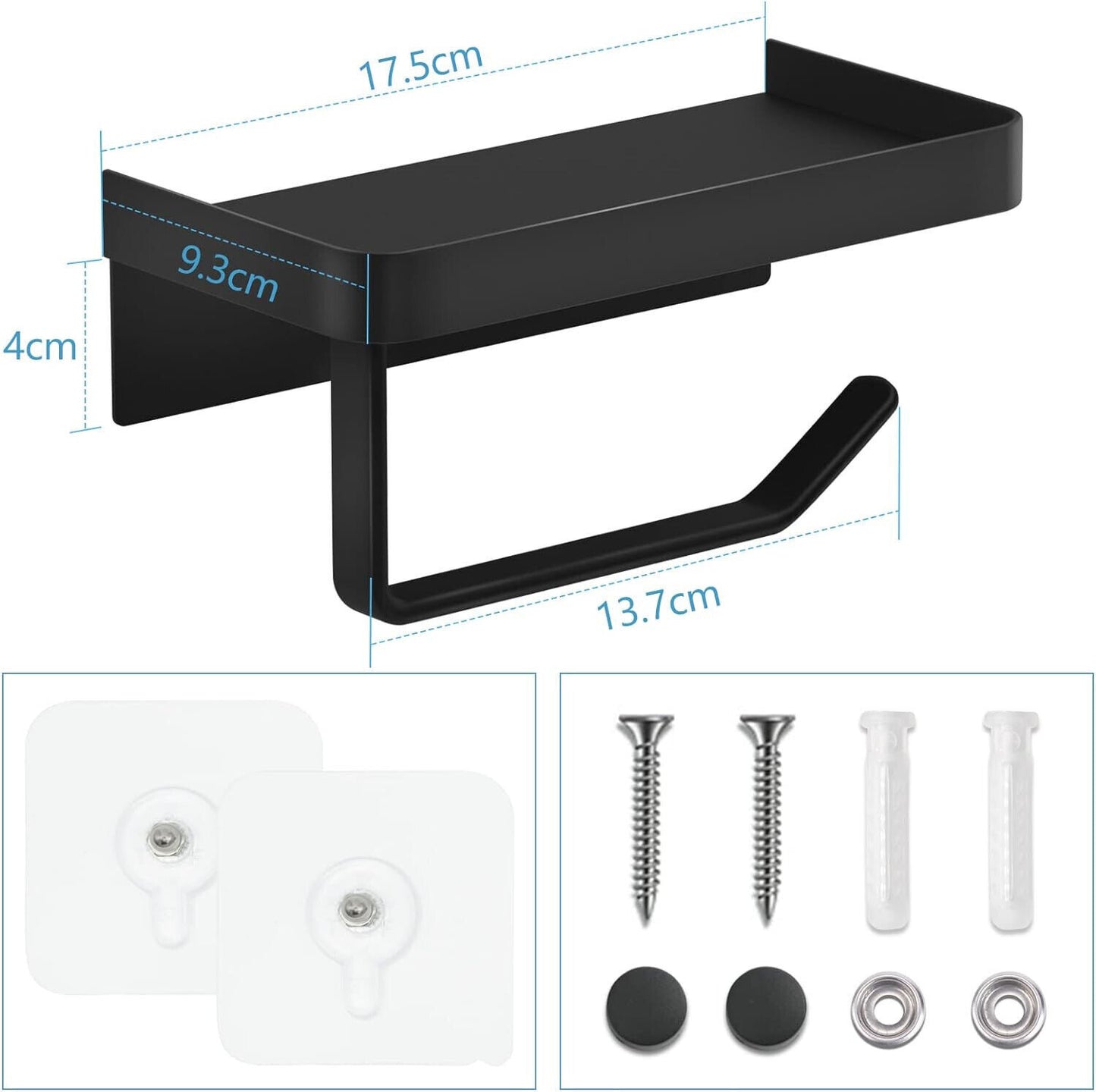 Black 2 In 1 Toilet Roll Holder With Shelf Wall Mounted Or Self Adhesive