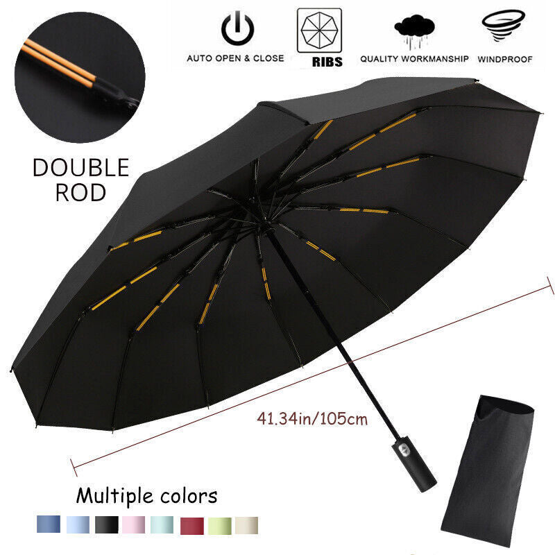 Extra Strength Foldable 24 Rods Umbrella Fully Automatic Large UV Protect Rain