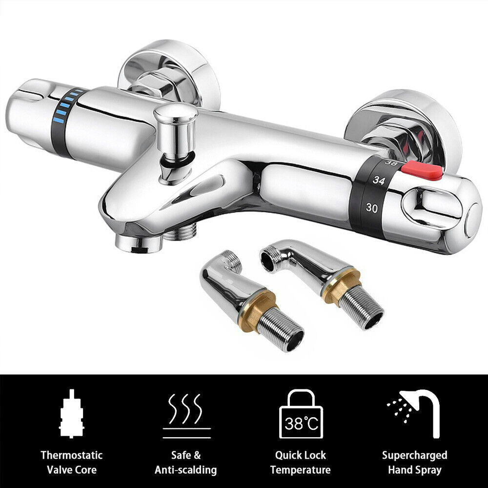 Chrome Bathroom Thermostatic Bath Shower Mixer Taps Deck Mounted Valve Bar Tap
