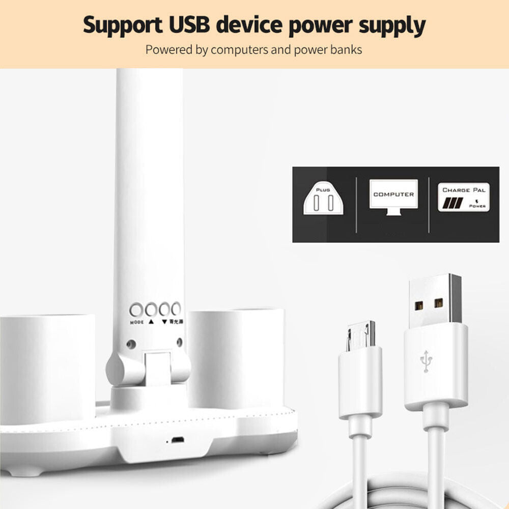 LED Reading Desk Lamp Dimmable USB Double Head Foldable Table Night Light White