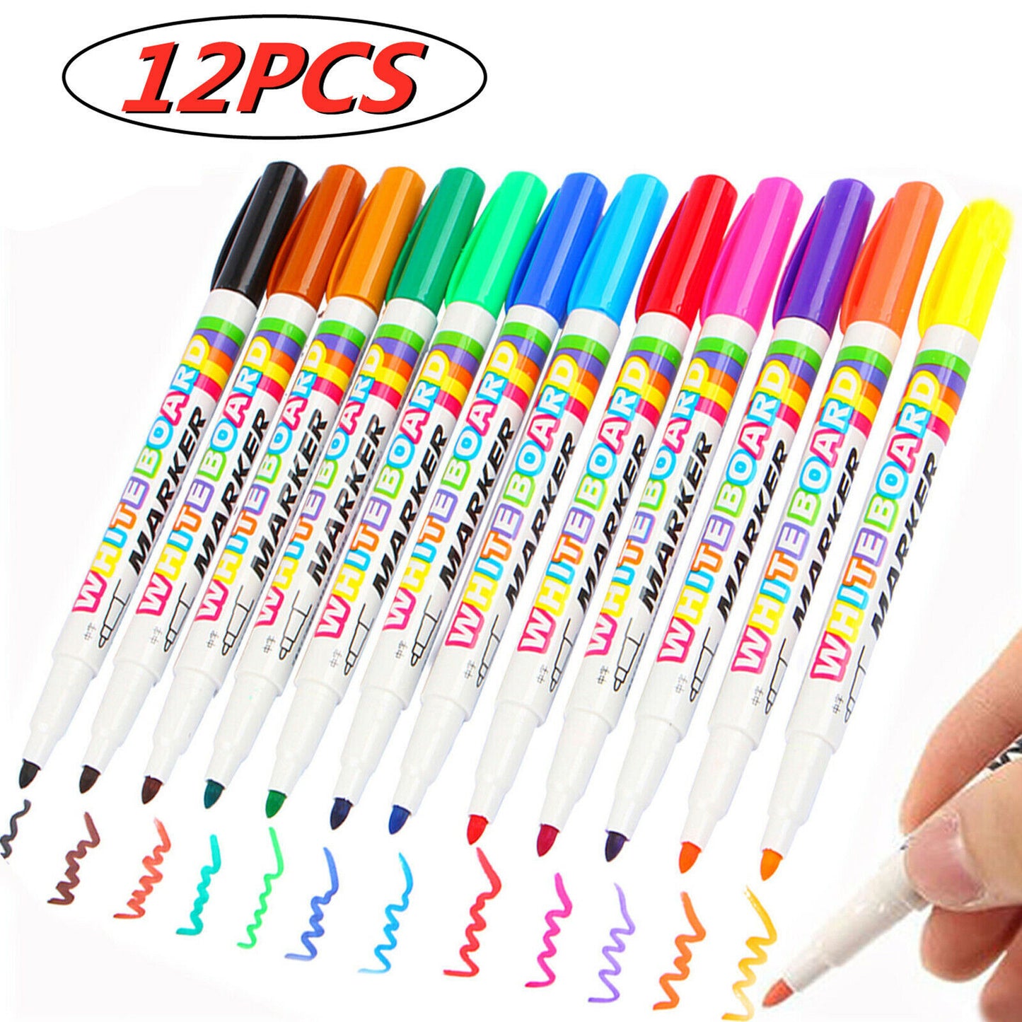 12 X Mixed Colour White Board Pens Bright Markers Fine Bullet Tip Easy Dry Wipe