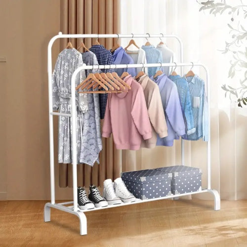 Multifunctional Coat Clothing Double Rod Hanger With Shelf Freestanding White