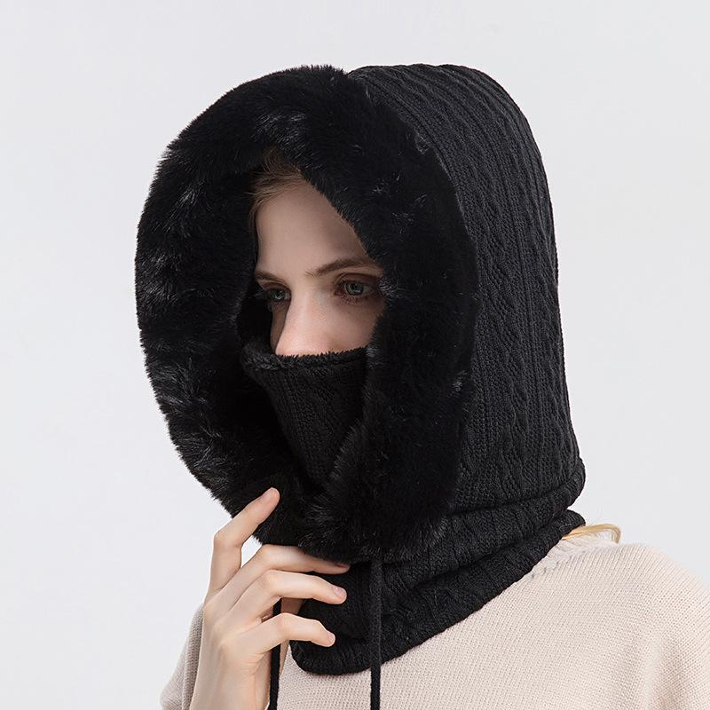 Slouchy Fleece Beanie Hats Scarf Mask Warmer Hooded Winter Pullover Knitted Hat