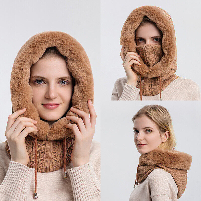 Slouchy Fleece Beanie Hats Scarf Mask Warmer Hooded Winter Pullover Knitted Hat