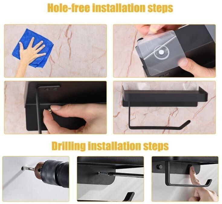 Black 2 In 1 Toilet Roll Holder With Shelf Wall Mounted Or Self Adhesive