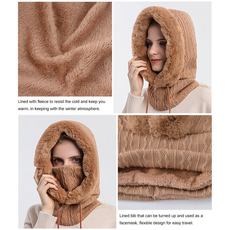 Slouchy Fleece Beanie Hats Scarf Mask Warmer Hooded Winter Pullover Knitted Hat