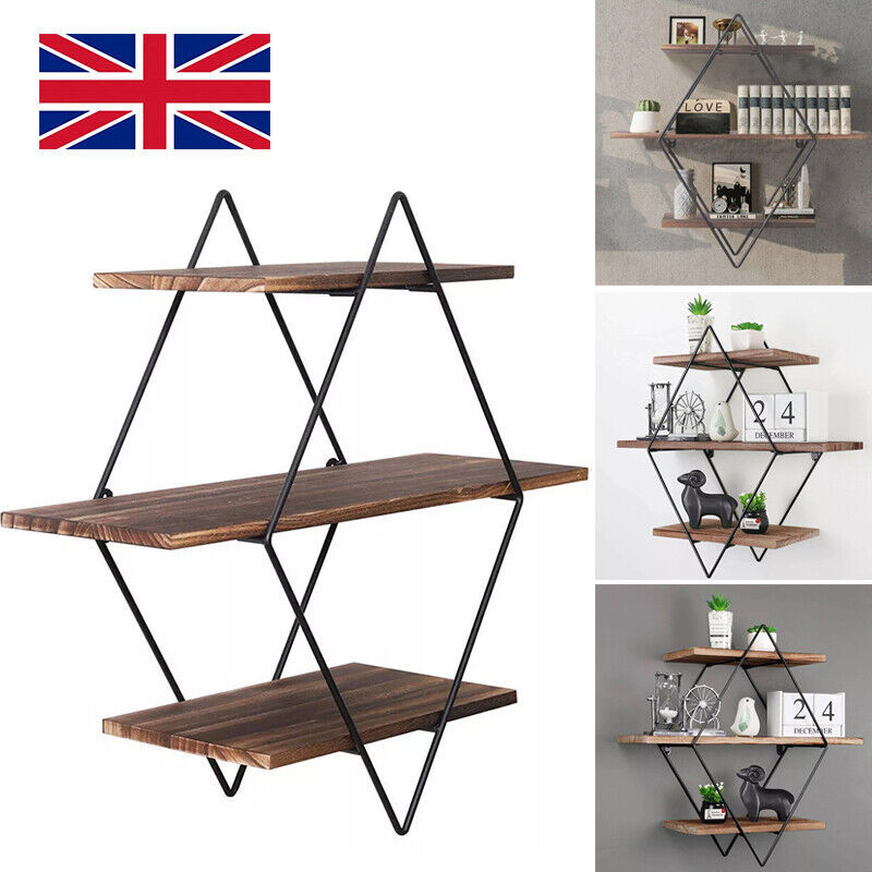 3 Tiered Floating Wall Mounted Display Shelf Wooden Shelves Black Frame Shelving