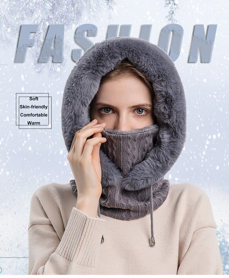 Slouchy Fleece Beanie Hats Scarf Mask Warmer Hooded Winter Pullover Knitted Hat