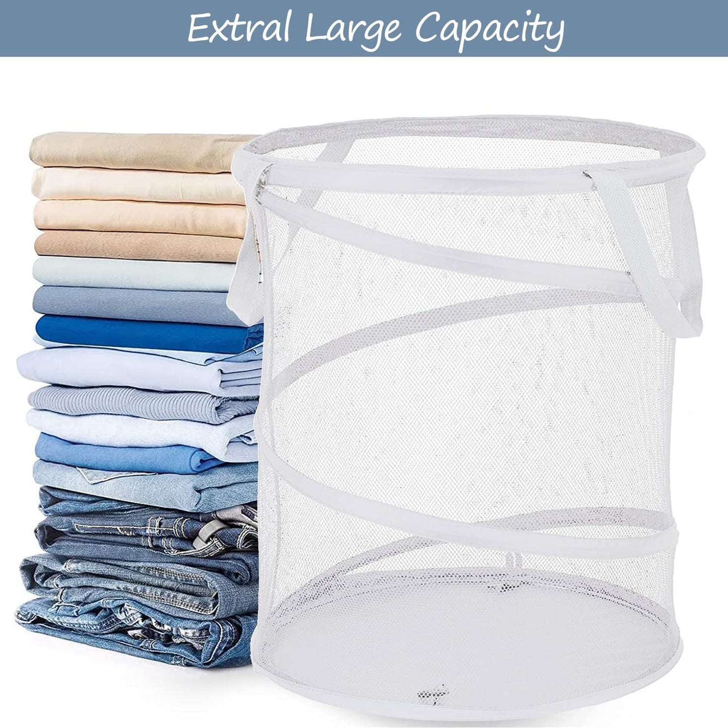 Large Collapsible Laundry Basket Foldable Mesh Up Hamper With Handles For Laundry Room, Bath, Kids Room, College Dorm, Travel, Storage Organizer White