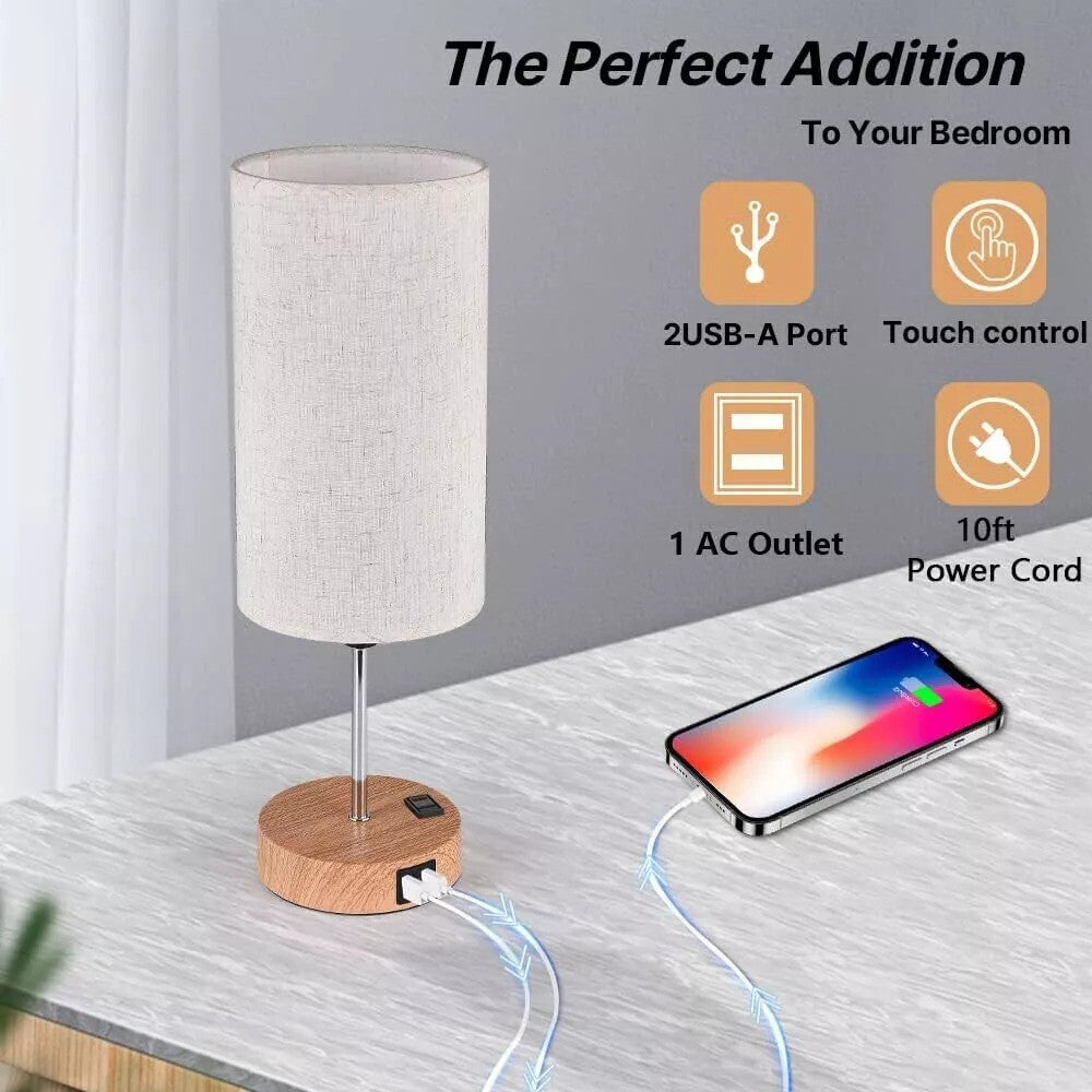 Touch Control Bedside Lamps, 3-Way Dimmable Table Lamp With USB Charging Ports