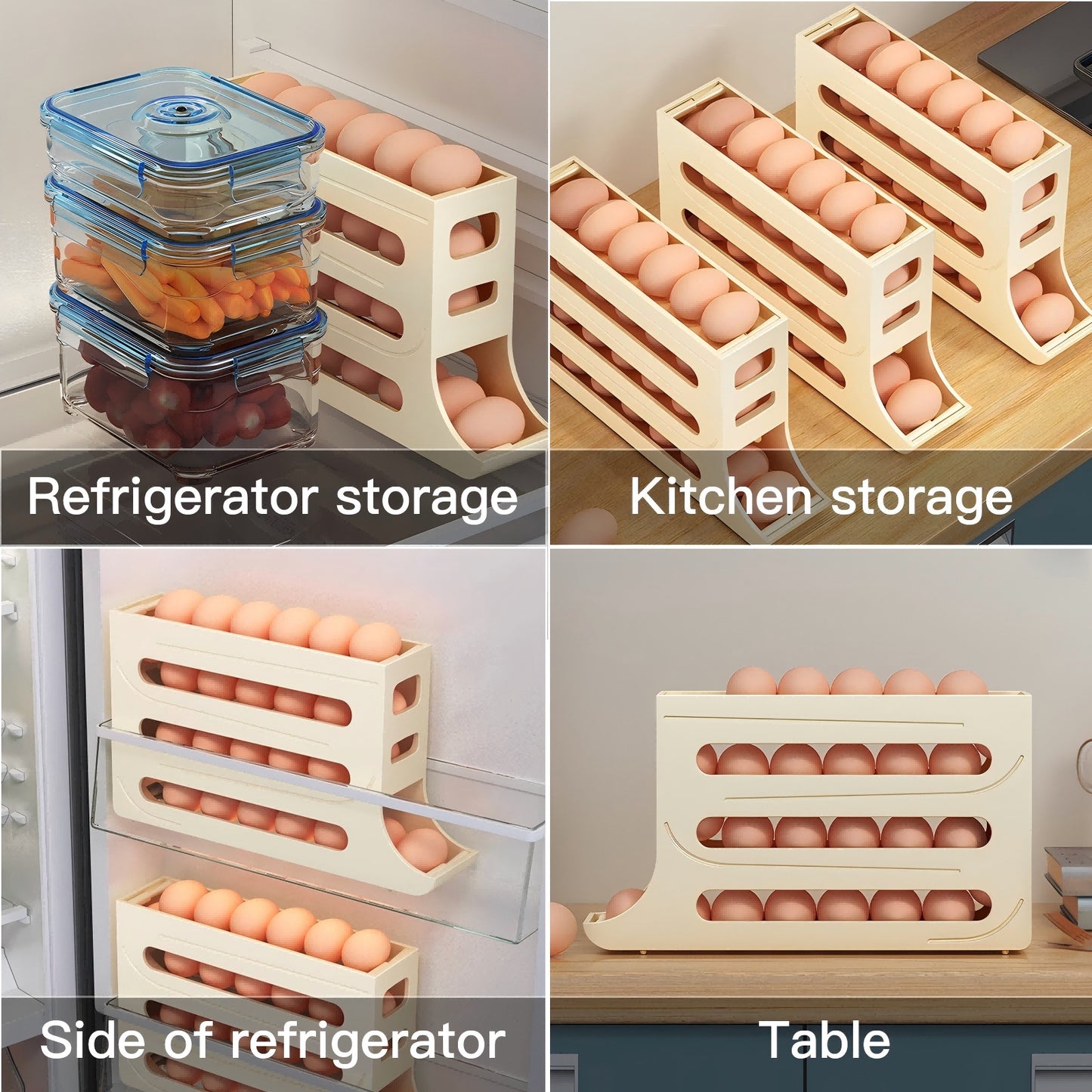 4-Tiers Auto Rolling Egg Dispenser, Space-Saving Egg Holder For Fridge And Countertop, Durable Plastic Kitchen Egg Organizer