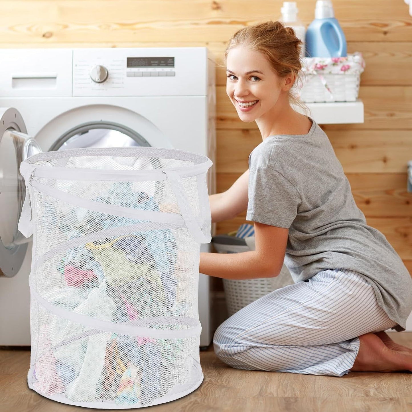 Large Collapsible Laundry Basket Foldable Mesh Up Hamper With Handles For Laundry Room, Bath, Kids Room, College Dorm, Travel, Storage Organizer White