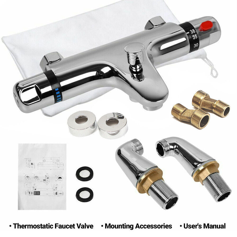 Chrome Bathroom Thermostatic Bath Shower Mixer Taps Deck Mounted Valve Bar Tap