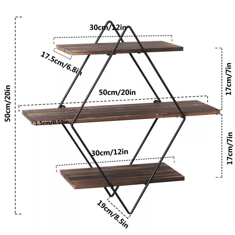 3 Tiered Floating Wall Mounted Display Shelf Wooden Shelves Black Frame Shelving