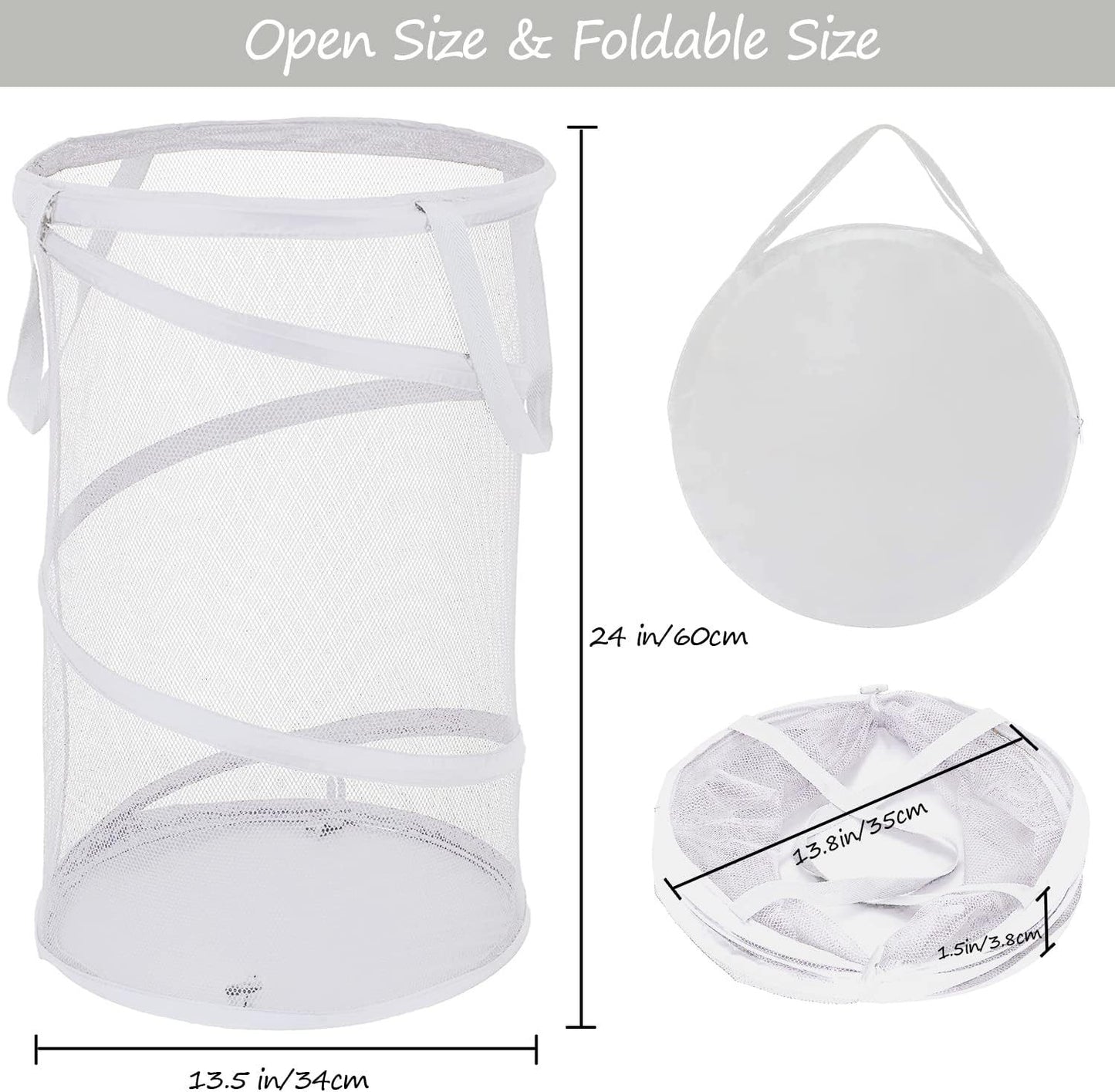 Large Collapsible Laundry Basket Foldable Mesh Up Hamper With Handles For Laundry Room, Bath, Kids Room, College Dorm, Travel, Storage Organizer White