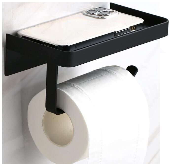 Black 2 In 1 Toilet Roll Holder With Shelf Wall Mounted Or Self Adhesive
