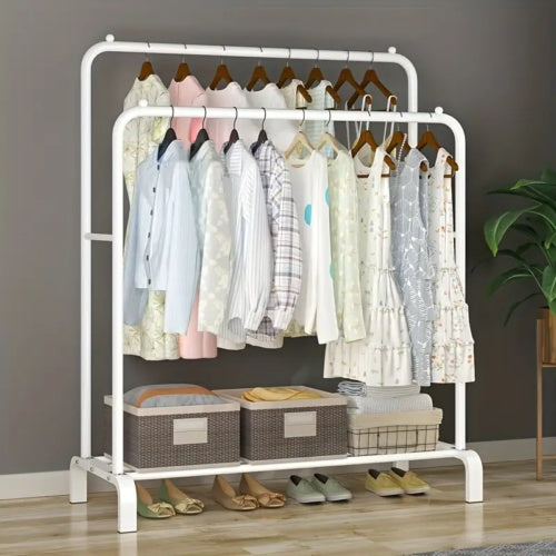 Multifunctional Coat Clothing Double Rod Hanger With Shelf Freestanding White