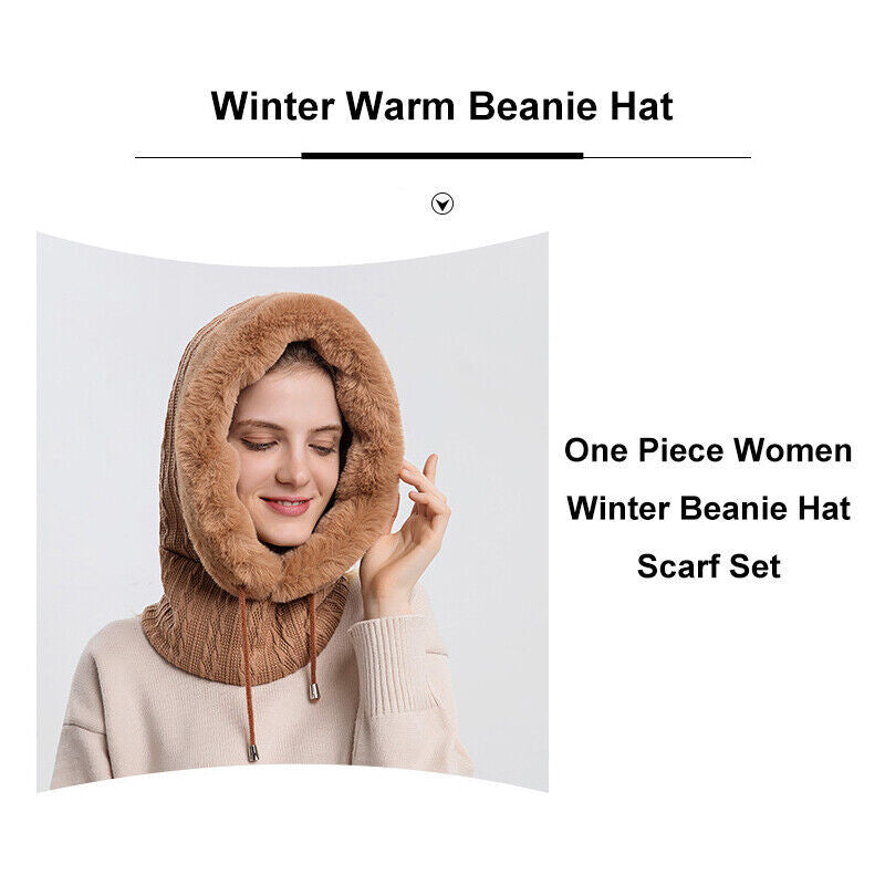 Slouchy Fleece Beanie Hats Scarf Mask Warmer Hooded Winter Pullover Knitted Hat