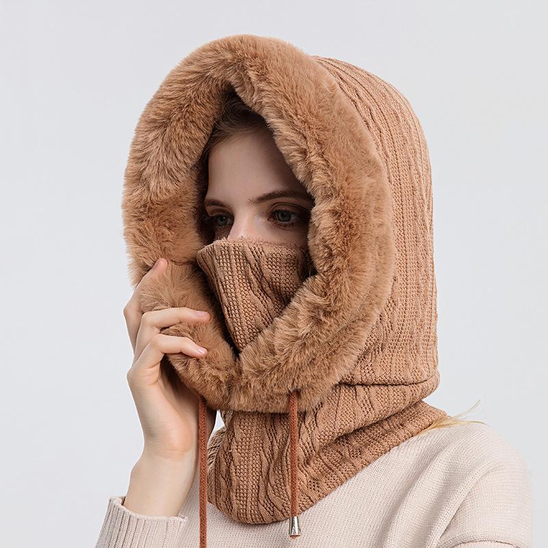 Slouchy Fleece Beanie Hats Scarf Mask Warmer Hooded Winter Pullover Knitted Hat