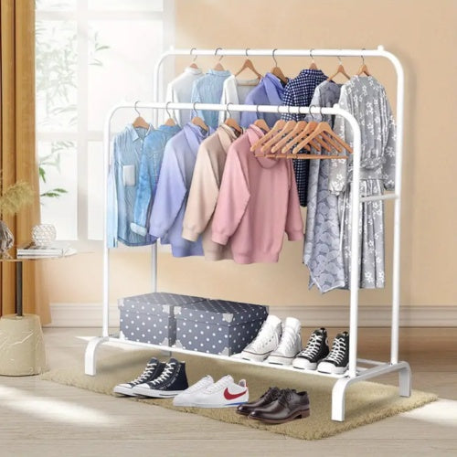 Multifunctional Coat Clothing Double Rod Hanger With Shelf Freestanding White