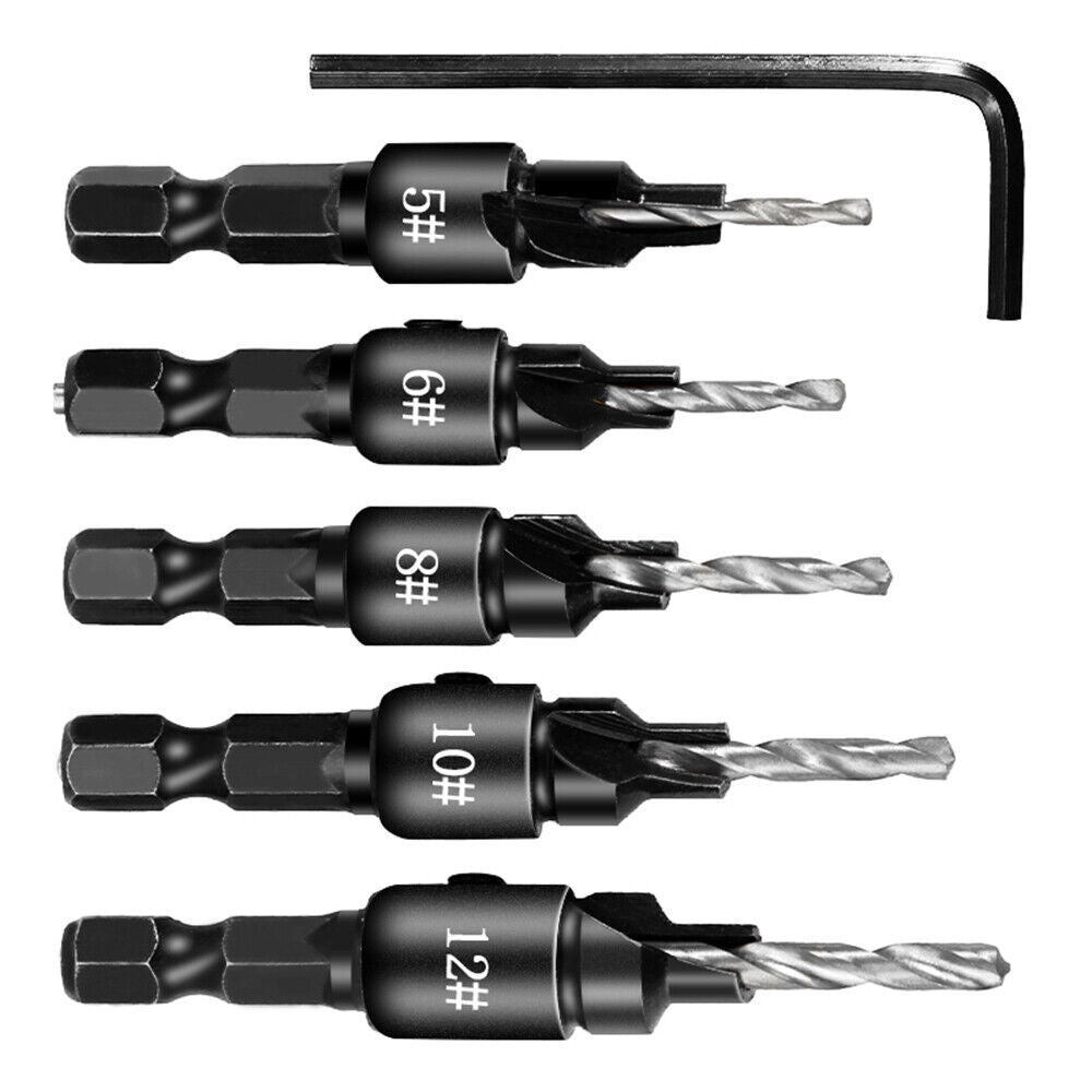6PCS HSS Countersink Drill Bit Set Hex Shank Woodworking Pilot Screw Holes