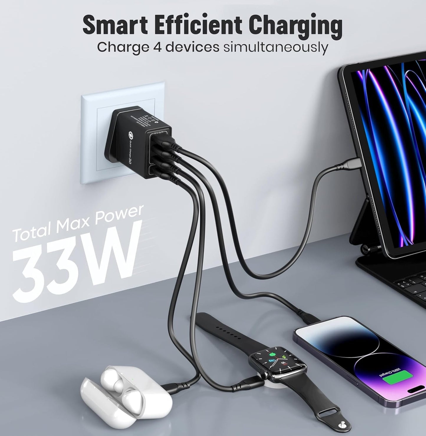4 Multi-Port Fast Quick Charge USB Hub Mains UK Plug Adapter Wall Charger-2 Pack
