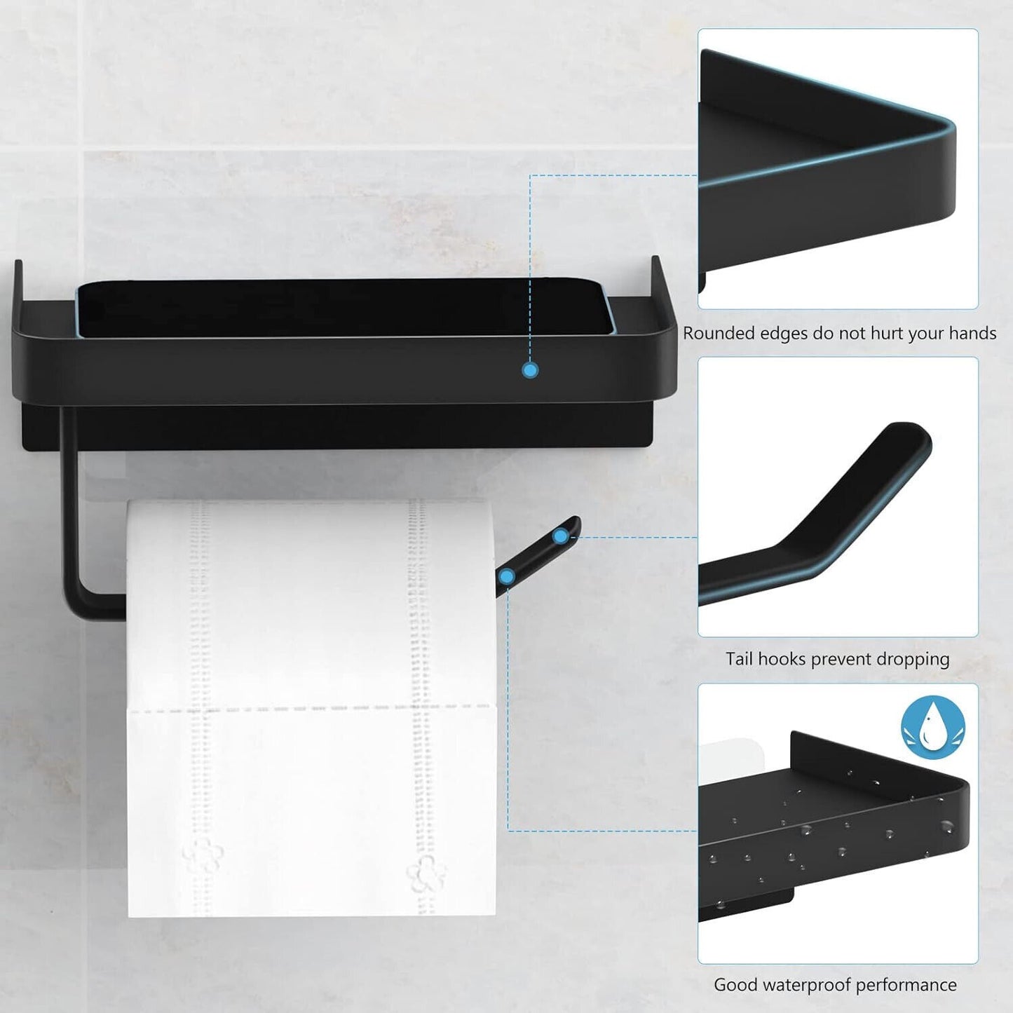 Black 2 In 1 Toilet Roll Holder With Shelf Wall Mounted Or Self Adhesive