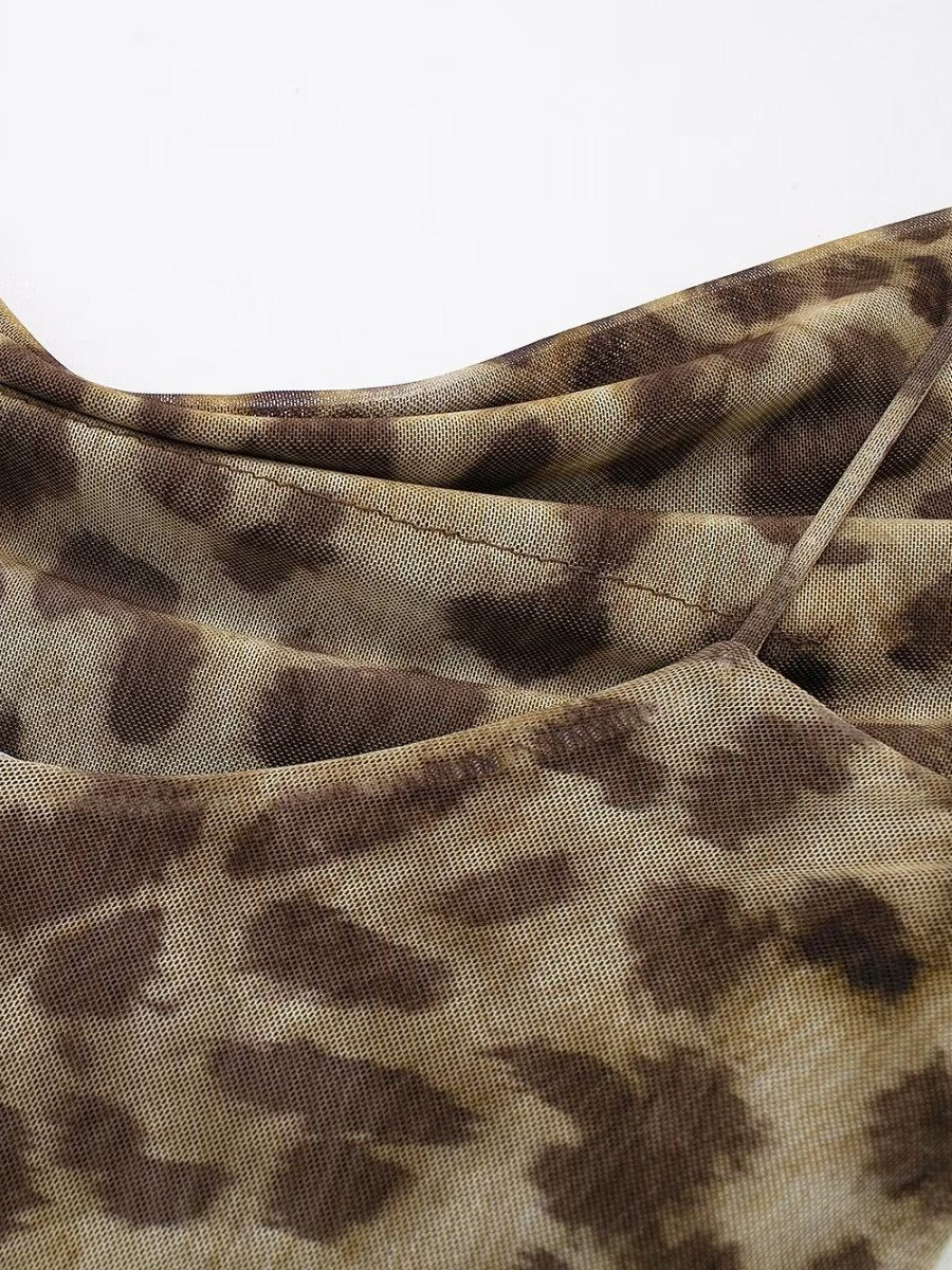 Animal print silk mesh leopard print camisole slim fit and drape dress