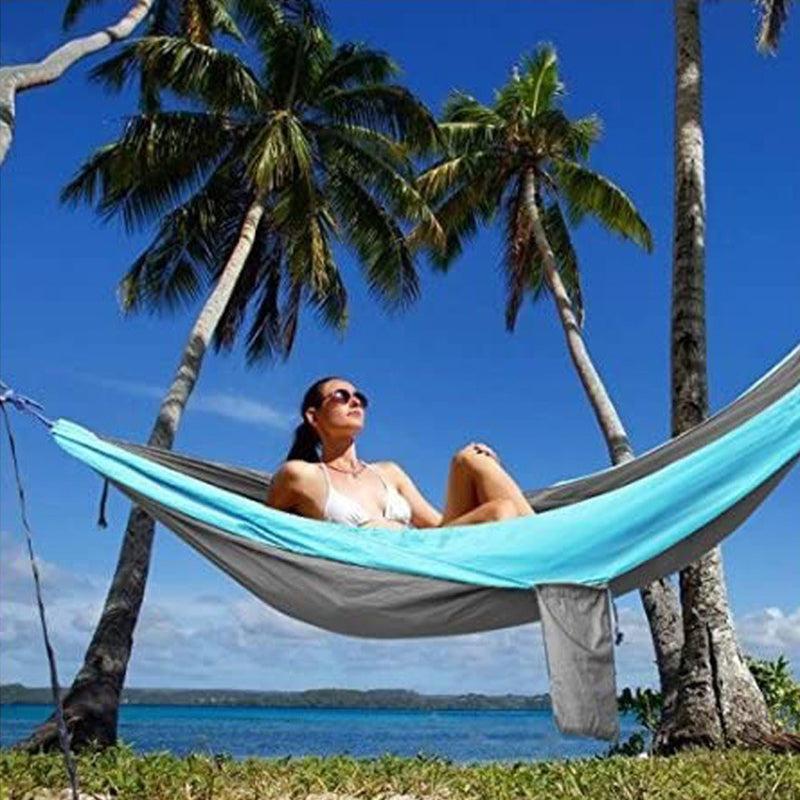 Light double nylon camping hammock with straps. Great for trips, beach, yard & garden.
