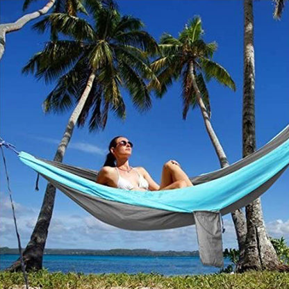 Light double nylon camping hammock with straps. Great for trips, beach, yard & garden.