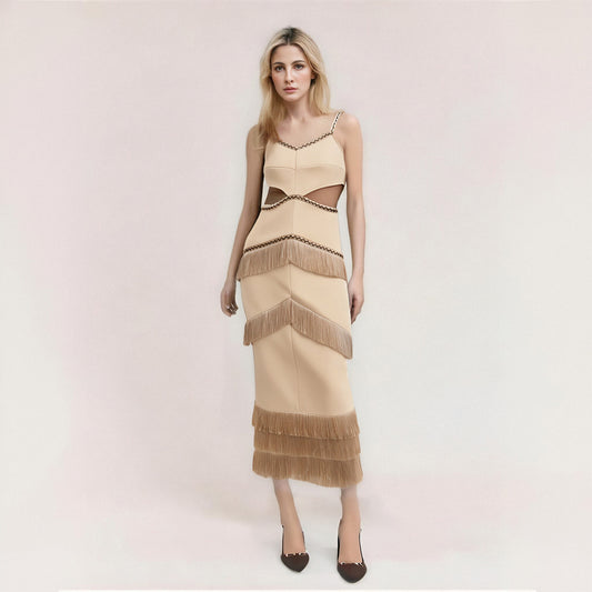 Hooded V-neck sleeveless hollow suspender tassel long dress