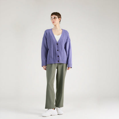 Loose color matching Fried Dough Twists V-neck knitted cardigan casual sweater coat female