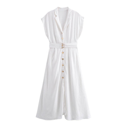 Single breasted waistband embellished with linen slim fit dress