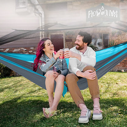 Light double nylon camping hammock with straps. Great for trips, beach, yard & garden.