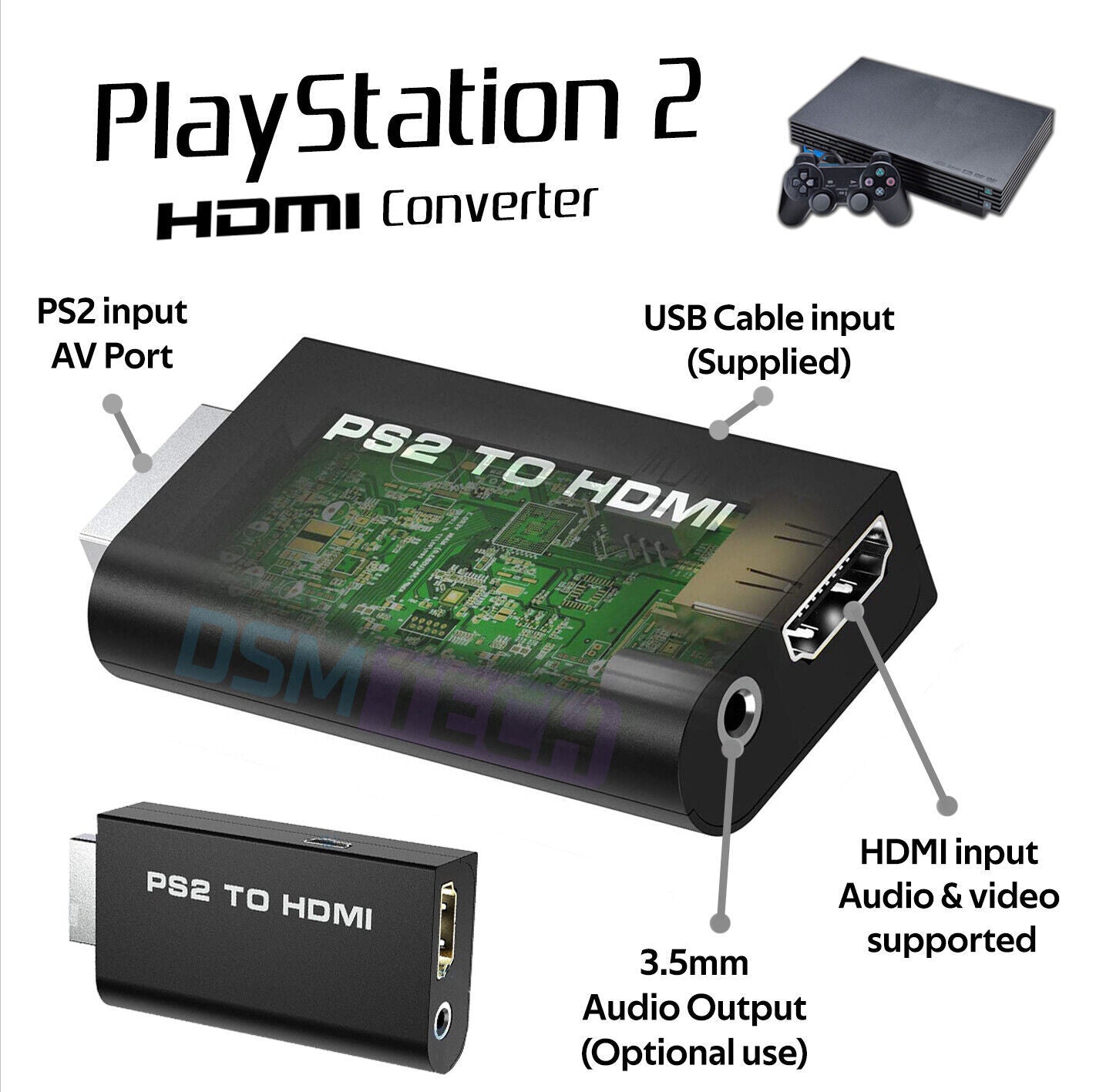 PS2 PlayStation2 To HDMI Converter, Adaptor Cable,Audio Video HD RCA AV Video