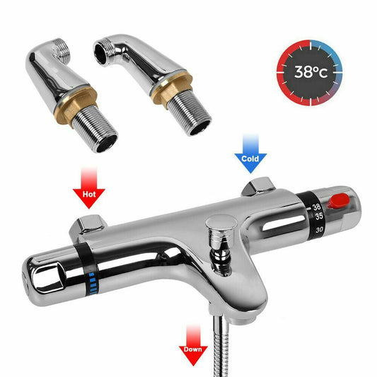 Chrome Bathroom Thermostatic Bath Shower Mixer Taps Deck Mounted Valve Bar Tap