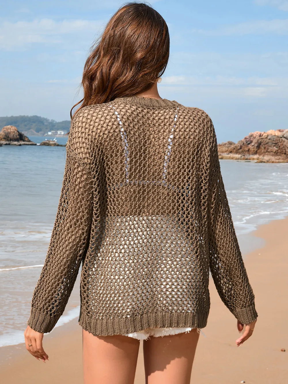 Women's Knitted Shirt Round Neck Love Beach Hoodie Resort Solid Color Women's Knitted Shirt