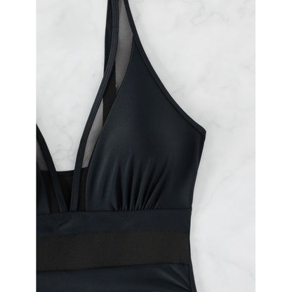 Swimsuit women's solid color sexy one-piece plus size mesh splicing beach swimsuit